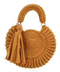 Round Woven Circle Bag for Women, Tassel Decor Crochet Top Handle Crossbody Summer Handbag (Caramel)