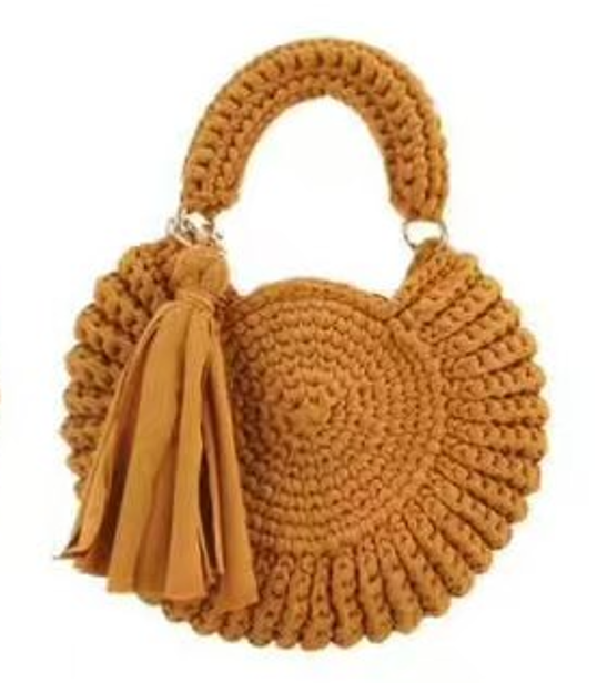 Round Woven Circle Bag for Women, Tassel Decor Crochet Top Handle Crossbody Summer Handbag (Caramel)