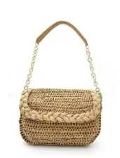Boho Straw Woven Chain Shoulder Bag for Women, Flap Crossbody Summer Handbag, Multi‑Color (Brown)
