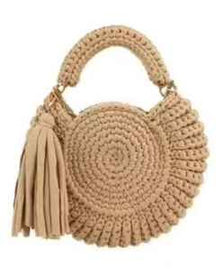 Round Woven Circle Bag for Women, Tassel Decor Crochet Top Handle Crossbody Summer Handbag (Khaki)