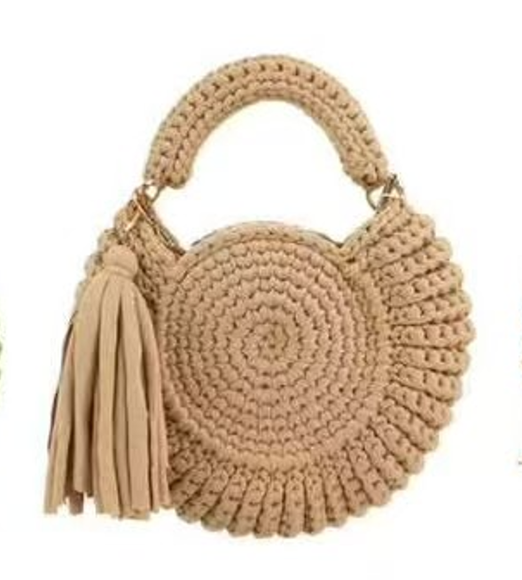 Round Woven Circle Bag for Women, Tassel Decor Crochet Top Handle Crossbody Summer Handbag (Khaki)