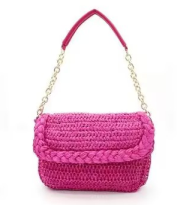 Boho Straw Woven Chain Shoulder Bag for Women, Flap Crossbody Summer Handbag, Multi‑Color (Rose Red)