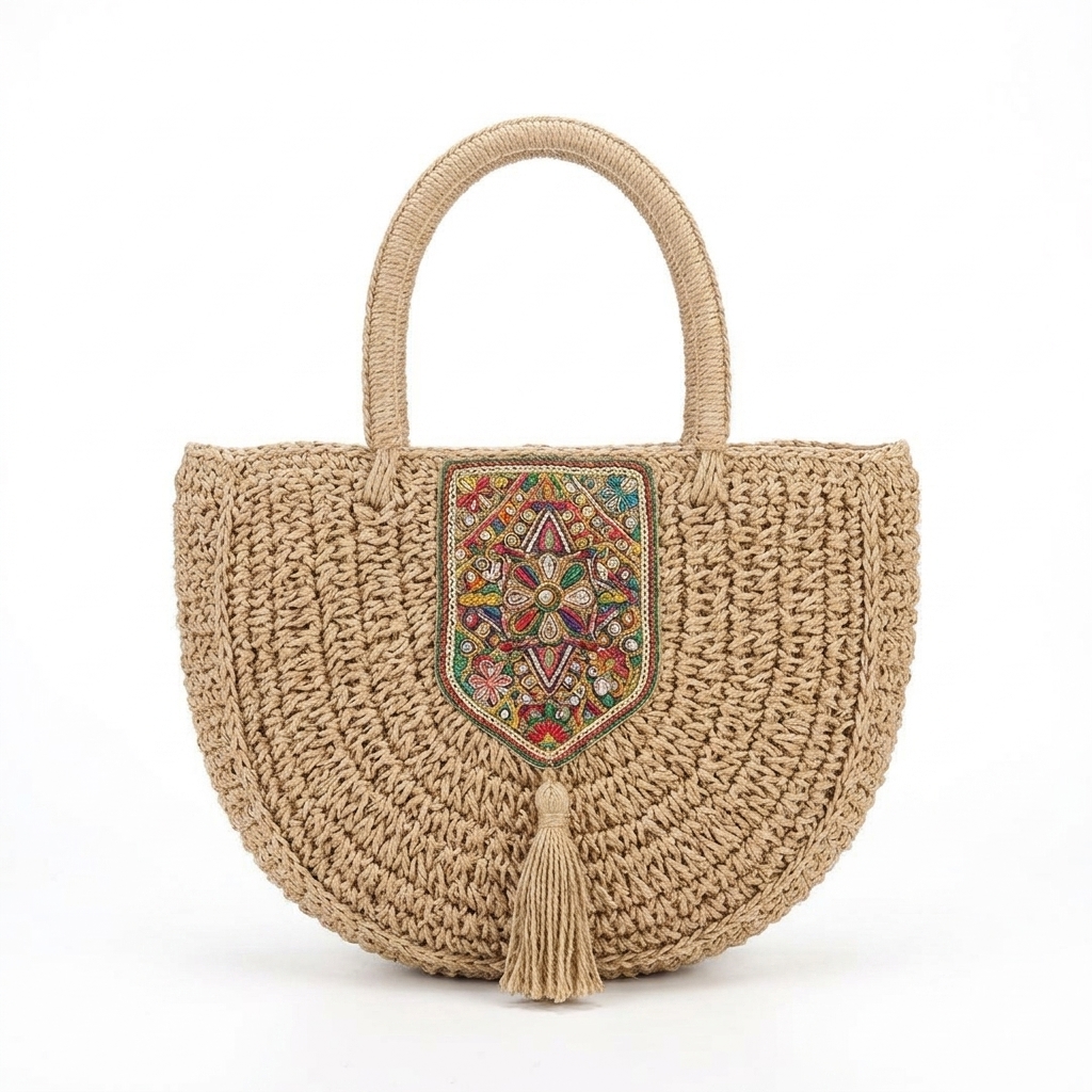 Ethnic Crochet Saddle Bag for Women, Embroidered Patch Tassel Crossbody Summer Handbag