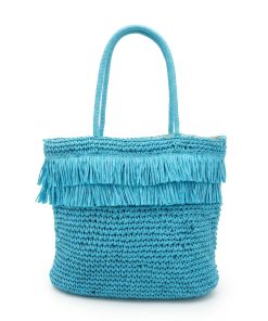 Straw Woven Chain Shoulder Bag for Women, Flap Crossbody Summer Handbag, Multi‑Color Brown (Blue)