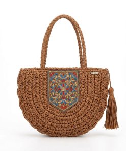 Ethnic Crochet Saddle Bag for Women, Embroidered Patch Tassel Crossbody Summer Handbag (Brown)