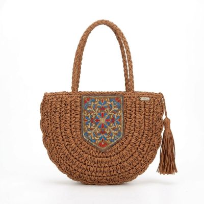 Ethnic Crochet Saddle Bag for Women, Embroidered Patch Tassel Crossbody Summer Handbag (Brown)