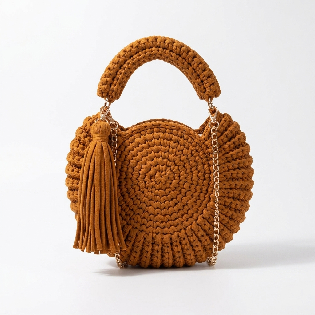Round Woven Circle Bag for Women, Tassel Decor Crochet Top Handle Crossbody Summer Handbag (Caramel) - 图片 5