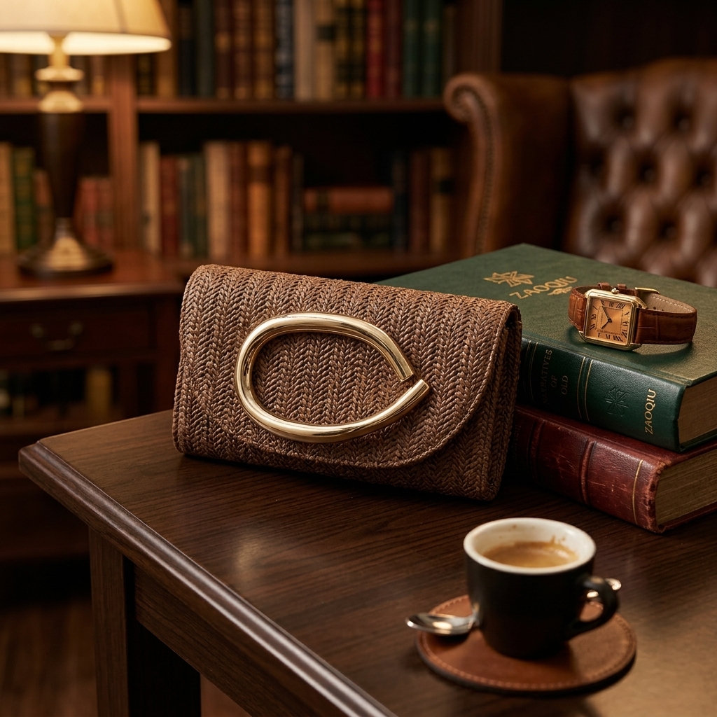 Straw Woven Clutch Bag for Women, Decorative Metal Buckle Evening Crossbody Handbag Multi‑Colors (Brown) - 图片 2