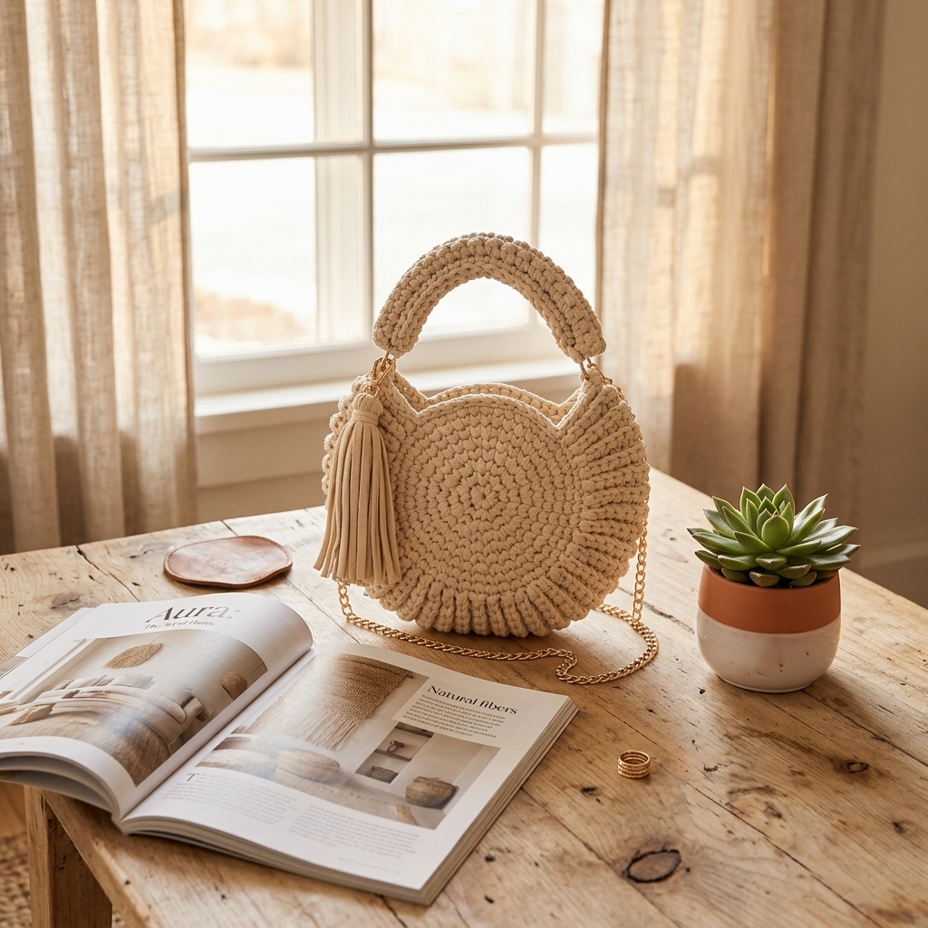 Round Woven Circle Bag for Women, Tassel Decor Crochet Top Handle Crossbody Summer Handbag (Caramel) - 图片 6