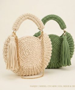 Alternative view of Round Woven Circle Bag for Women, Tassel Decor Crochet Top Handle Crossbody Summer Handbag (Green)
