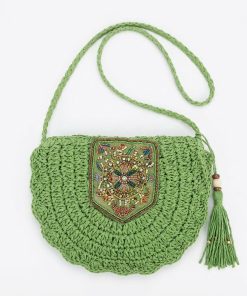 Ethnic Crochet Saddle Bag for Women, Embroidered Patch Tassel Crossbody Summer Handbag (Green)