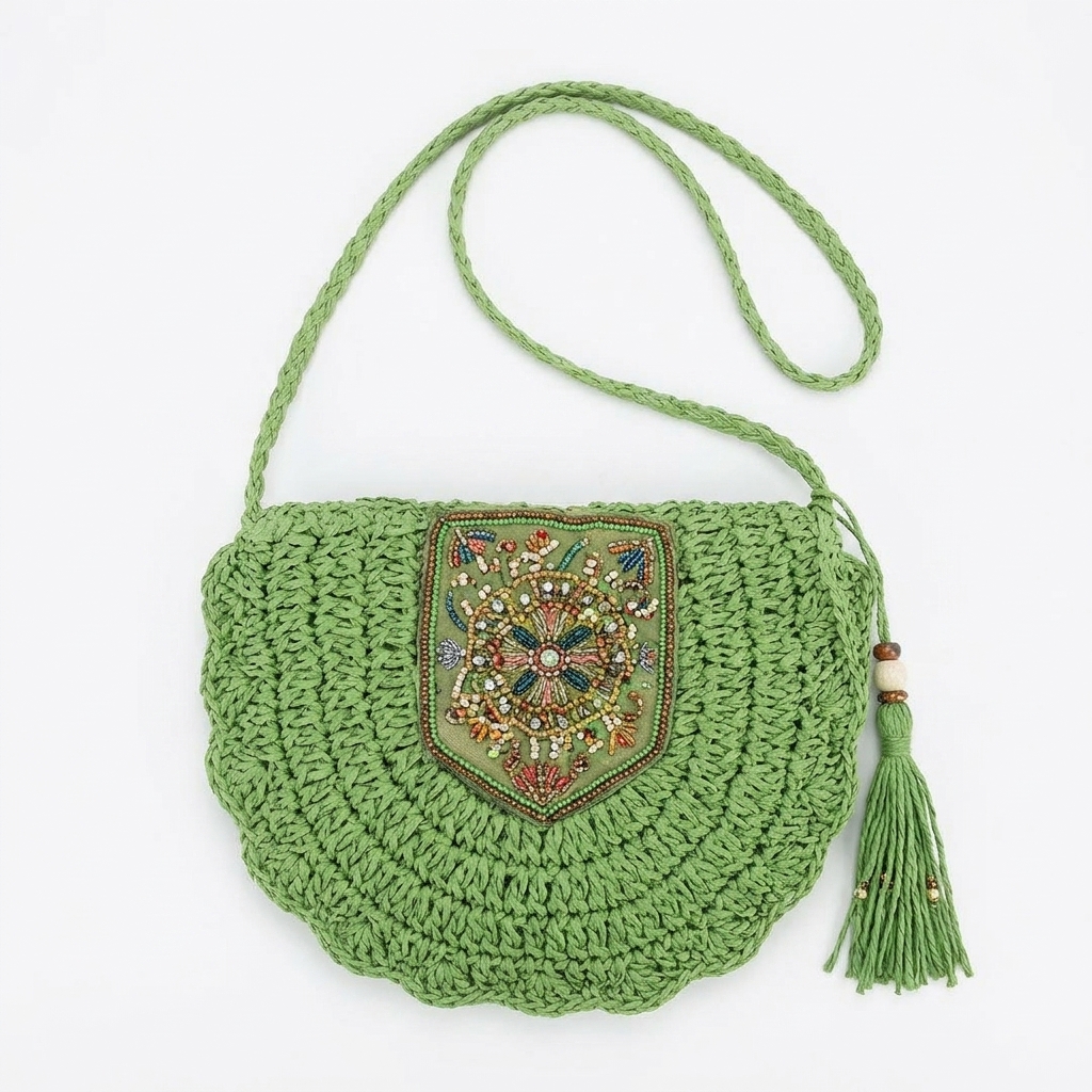 Ethnic Crochet Saddle Bag for Women, Embroidered Patch Tassel Crossbody Summer Handbag (Green)