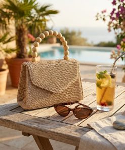 Alternative view of Boho Straw Woven Handbag for Women, Round Wooden Handle Top Handle Bag, Summer Khaki Beige Crossbody Purse