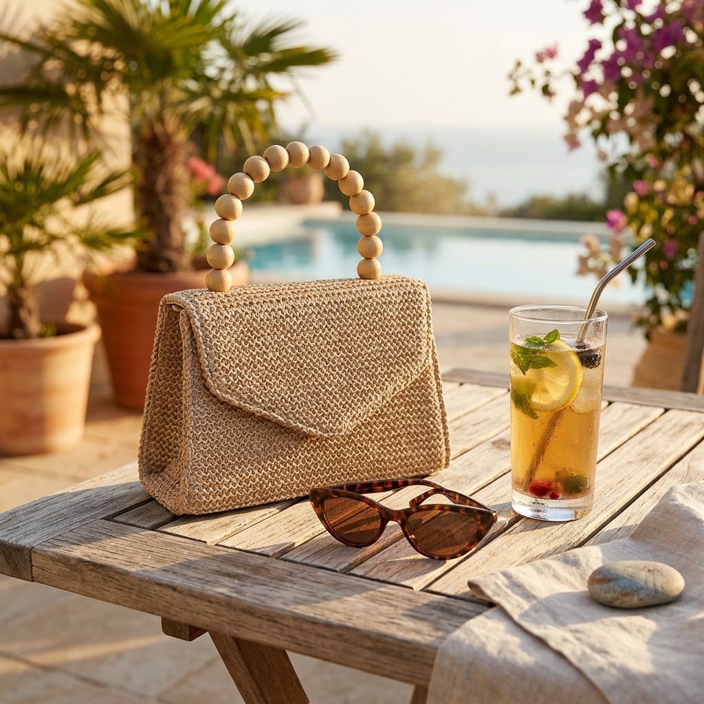 Boho Straw Woven Handbag for Women, Round Wooden Handle Top Handle Bag, Summer Khaki Beige Crossbody Purse Beige - 图片 3