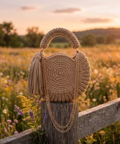 Alternative view of Round Woven Circle Bag for Women, Tassel Decor Crochet Top Handle Crossbody Summer Handbag (Khaki)
