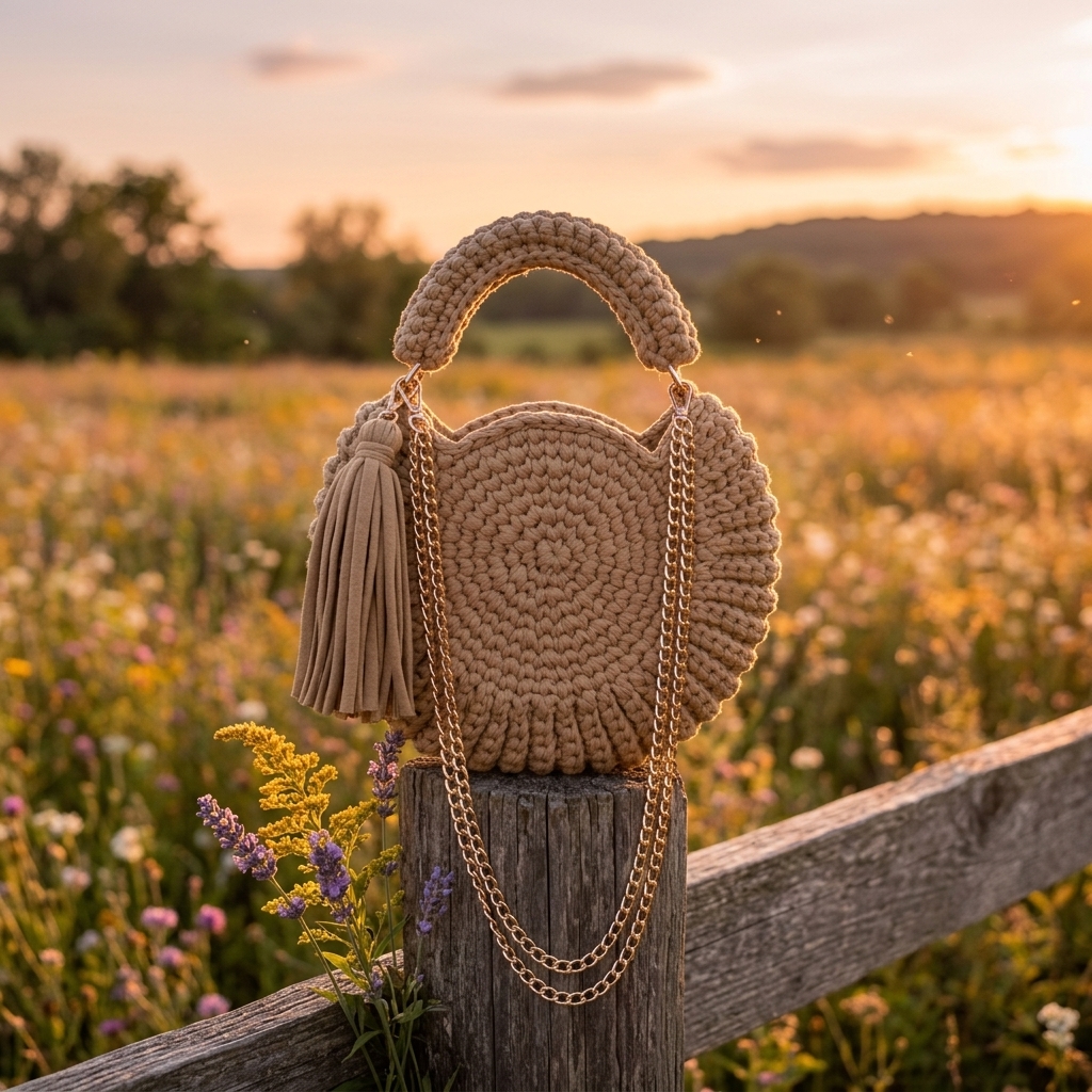 Round Woven Circle Bag for Women, Tassel Decor Crochet Top Handle Crossbody Summer Handbag (Caramel) - 图片 3