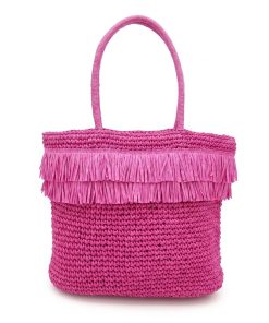 Straw Woven Chain Shoulder Bag for Women, Flap Crossbody Summer Handbag, Multi‑Color Brown (Rose Red)