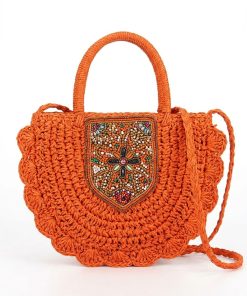 Ethnic Crochet Saddle Bag for Women, Embroidered Patch Tassel Crossbody Summer Handbag (Orange)