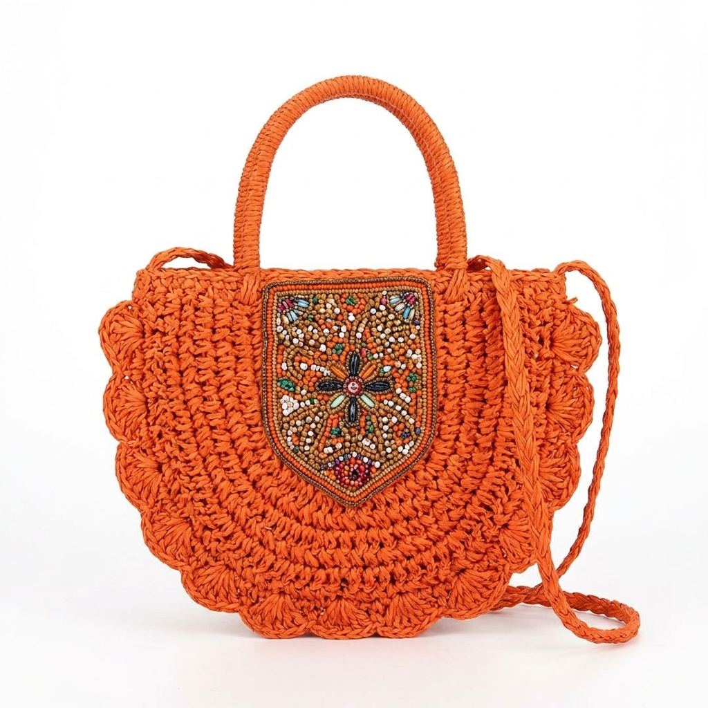Ethnic Crochet Saddle Bag for Women, Embroidered Patch Tassel Crossbody Summer Handbag (Orange)