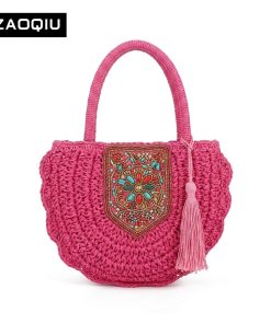 Ethnic Crochet Saddle Bag for Women, Embroidered Patch Tassel Crossbody Summer Handbag (Pink)