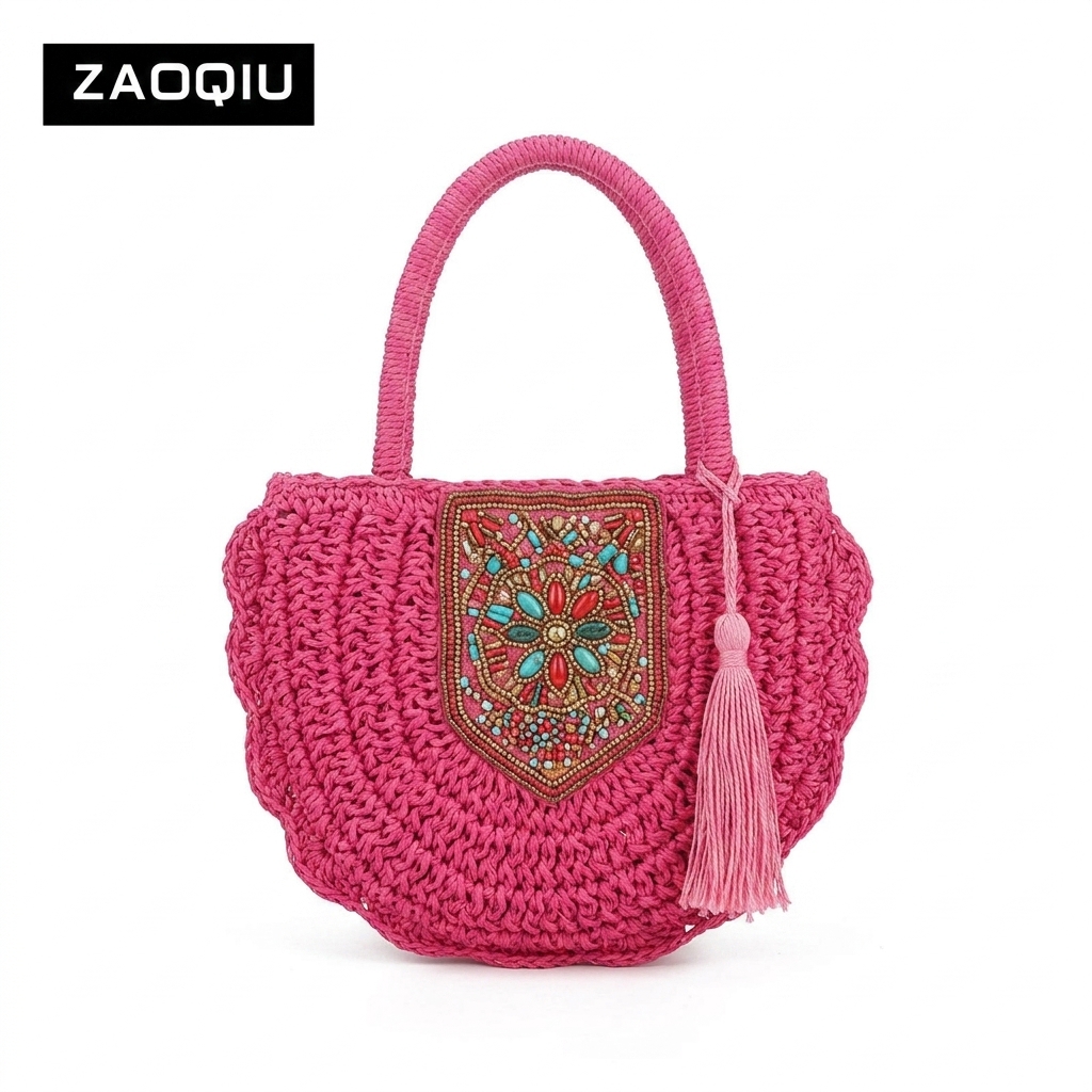 Ethnic Crochet Saddle Bag for Women, Embroidered Patch Tassel Crossbody Summer Handbag (Pink)