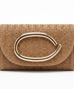 Straw Woven Clutch Bag for Women, Decorative Metal Buckle Evening Crossbody Handbag Multi‑Colors (Khaki)