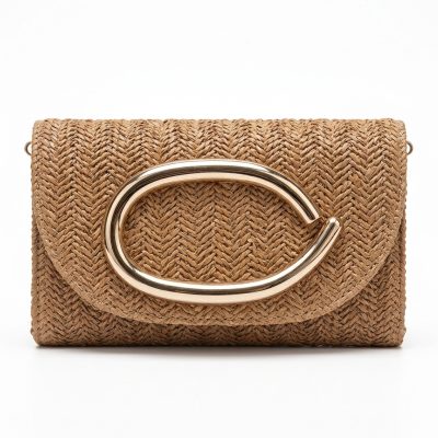 Straw Woven Clutch Bag for Women, Decorative Metal Buckle Evening Crossbody Handbag Multi‑Colors (Khaki)