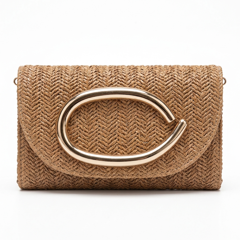 Straw Woven Clutch Bag for Women, Decorative Metal Buckle Evening Crossbody Handbag Multi‑Colors (Khaki)