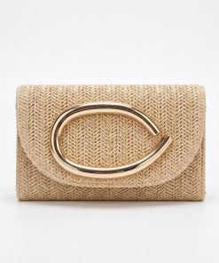Straw Woven Clutch Bag for Women, Decorative Metal Buckle Evening Crossbody Handbag Multi‑Colors (Off‑White)