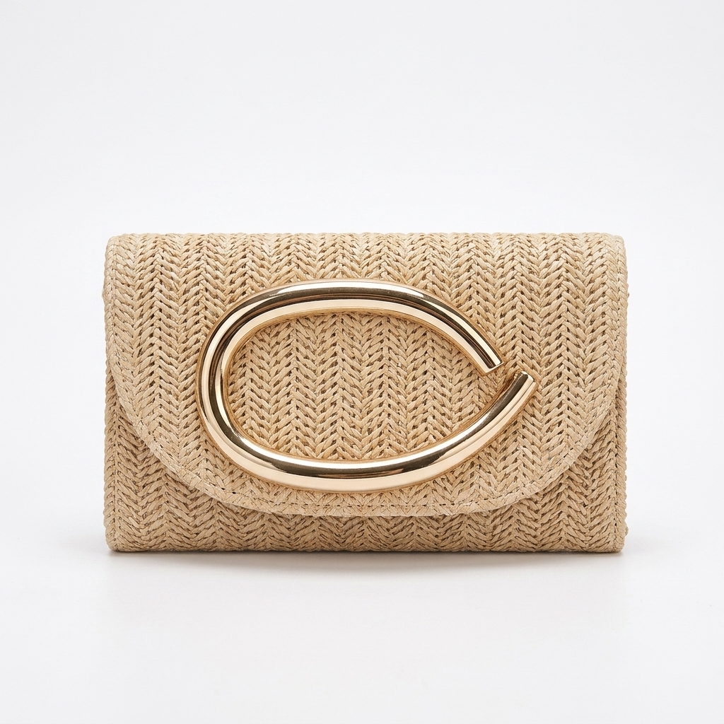Straw Woven Clutch Bag for Women, Decorative Metal Buckle Evening Crossbody Handbag Multi‑Colors (Off‑White)