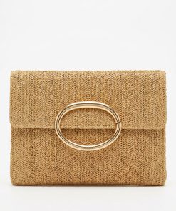 Straw Woven Clutch Bag for Women, Decorative Metal Buckle Evening Crossbody Handbag Multi‑Colors