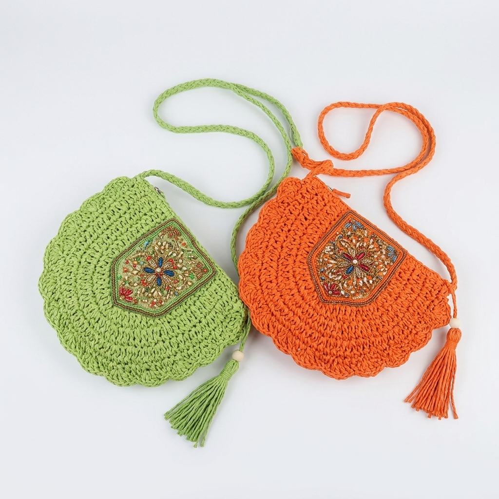 Ethnic Crochet Saddle Bag for Women, Embroidered Patch Tassel Crossbody Summer Handbag (Orange) - 图片 5