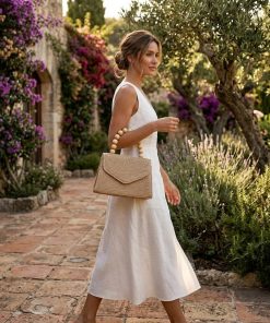 Alternative view of Boho Straw Woven Handbag for Women, Round Wooden Handle Top Handle Bag, Summer Khaki Beige Crossbody Purse Beige